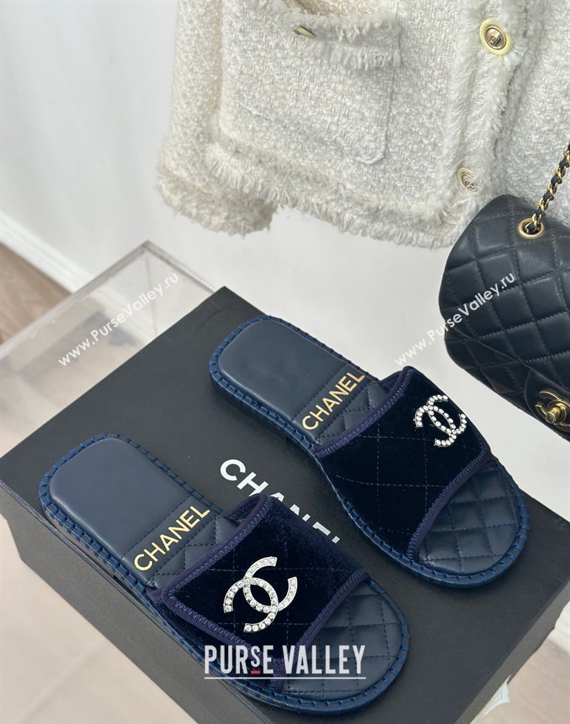 Chanel Velvet Foldover Flat Slide Sandals with Crystals CC Blue 2024 (MD-240126067)