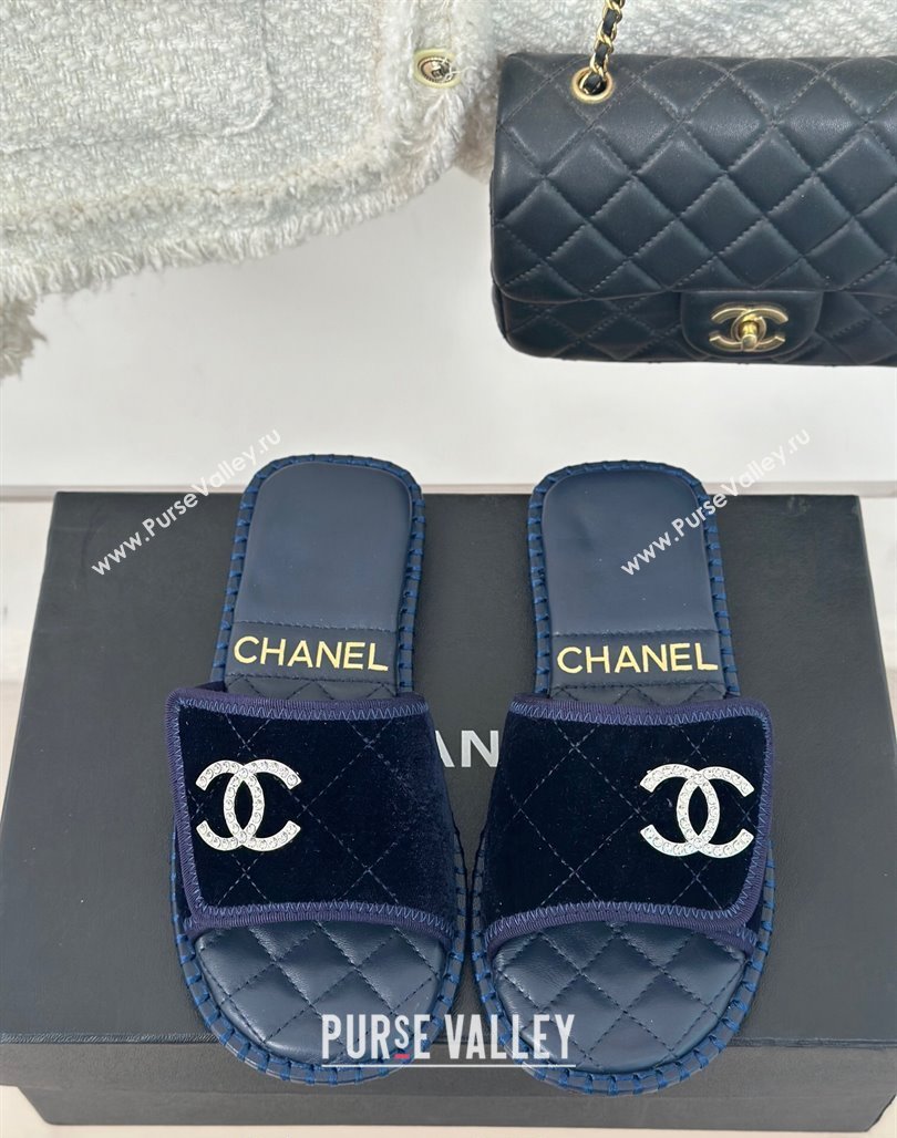 Chanel Velvet Foldover Flat Slide Sandals with Crystals CC Blue 2024 (MD-240126067)