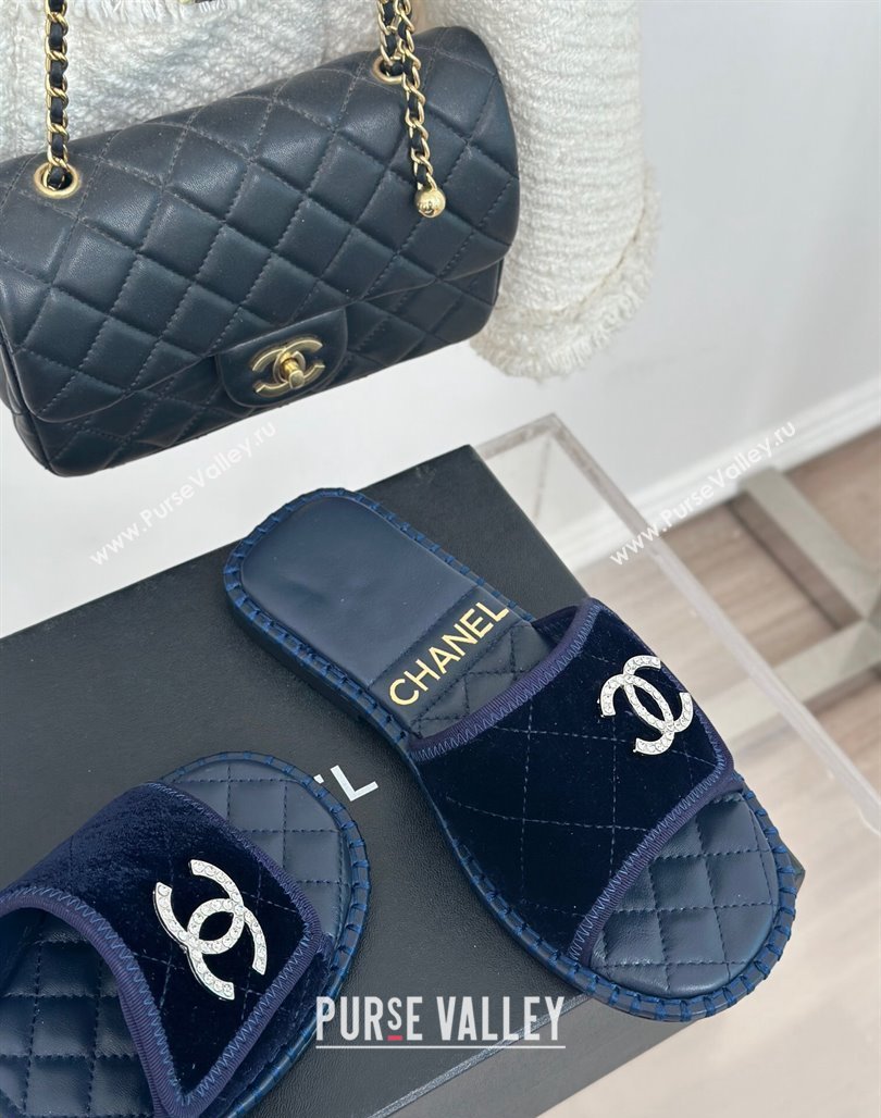 Chanel Velvet Foldover Flat Slide Sandals with Crystals CC Blue 2024 (MD-240126067)