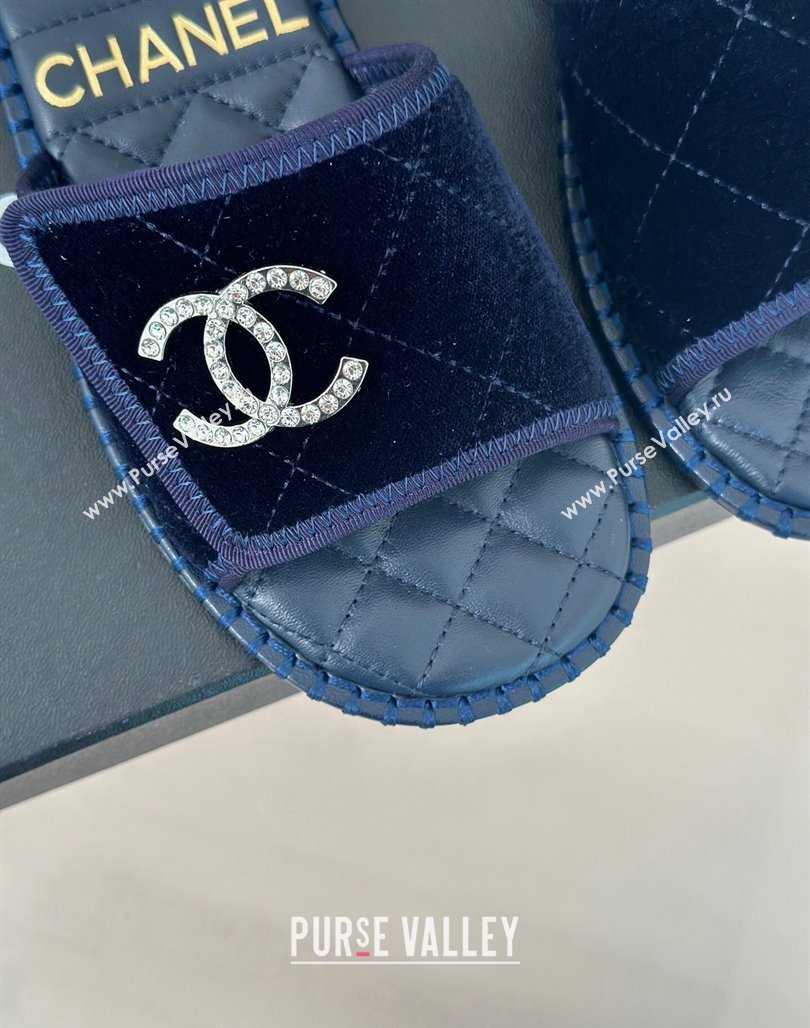 Chanel Velvet Foldover Flat Slide Sandals with Crystals CC Blue 2024 (MD-240126067)