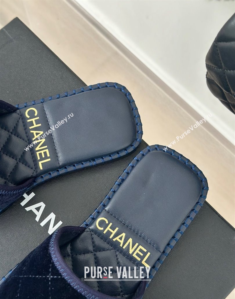 Chanel Velvet Foldover Flat Slide Sandals with Crystals CC Blue 2024 (MD-240126067)