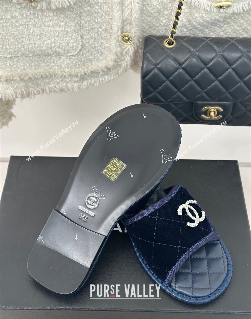 Chanel Velvet Foldover Flat Slide Sandals with Crystals CC Blue 2024 (MD-240126067)