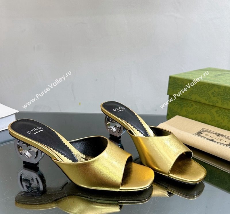 Gucci Interlocking G Leather Heel Slide Sandals 6cm Gold 2024 772569 (MD-240127044)