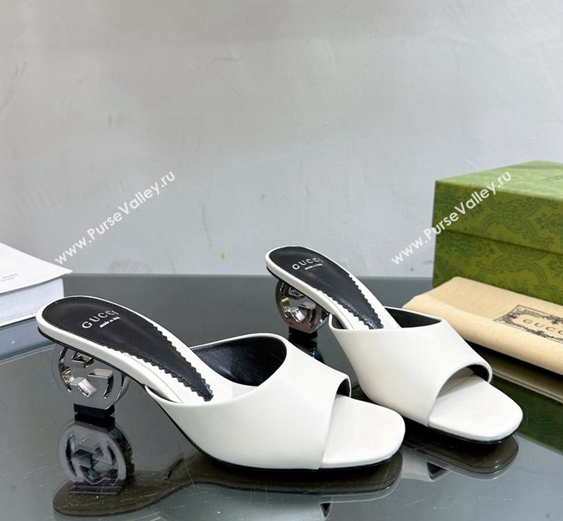 Gucci Interlocking G Leather Heel Slide Sandals 6cm White 2024 772569 (MD-240127046)