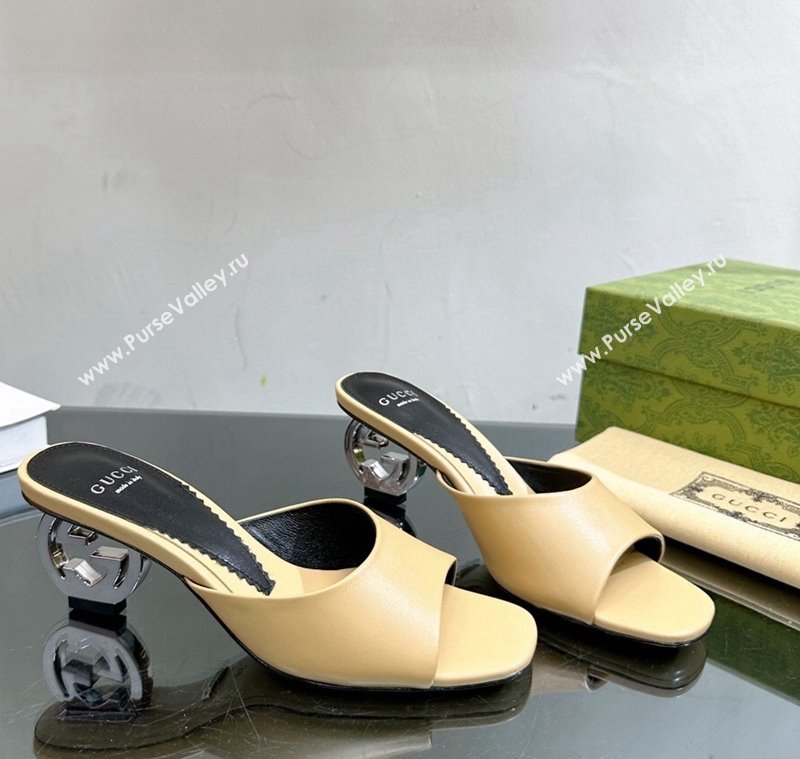 Gucci Interlocking G Leather Heel Slide Sandals 6cm Yellow 2024 772569 (MD-240127048)