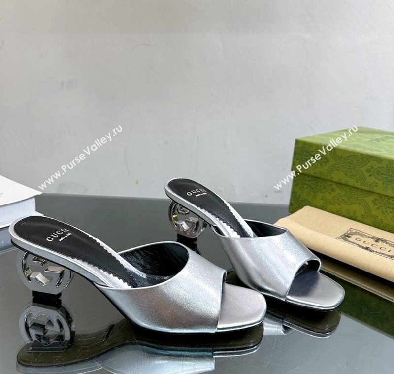 Gucci Interlocking G Leather Heel Slide Sandals 6cm Silver 2024 772569 (MD-240127050)