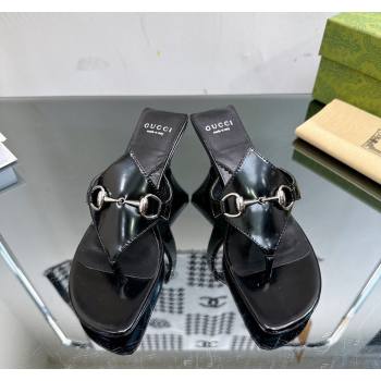 Gucci Horsebit Heel Thong Slide Sandals 4.5cm in Shiny Leather Black 2024 (MD-240127052)