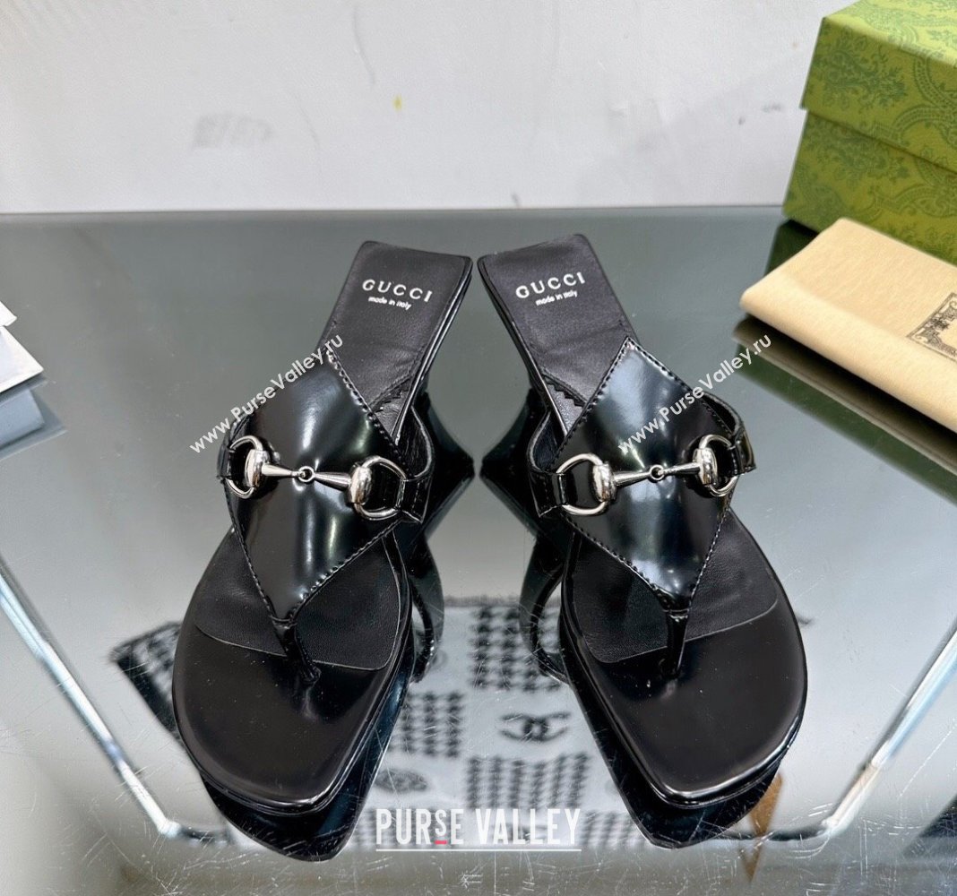 Gucci Horsebit Heel Thong Slide Sandals 4.5cm in Shiny Leather Black 2024 (MD-240127052)