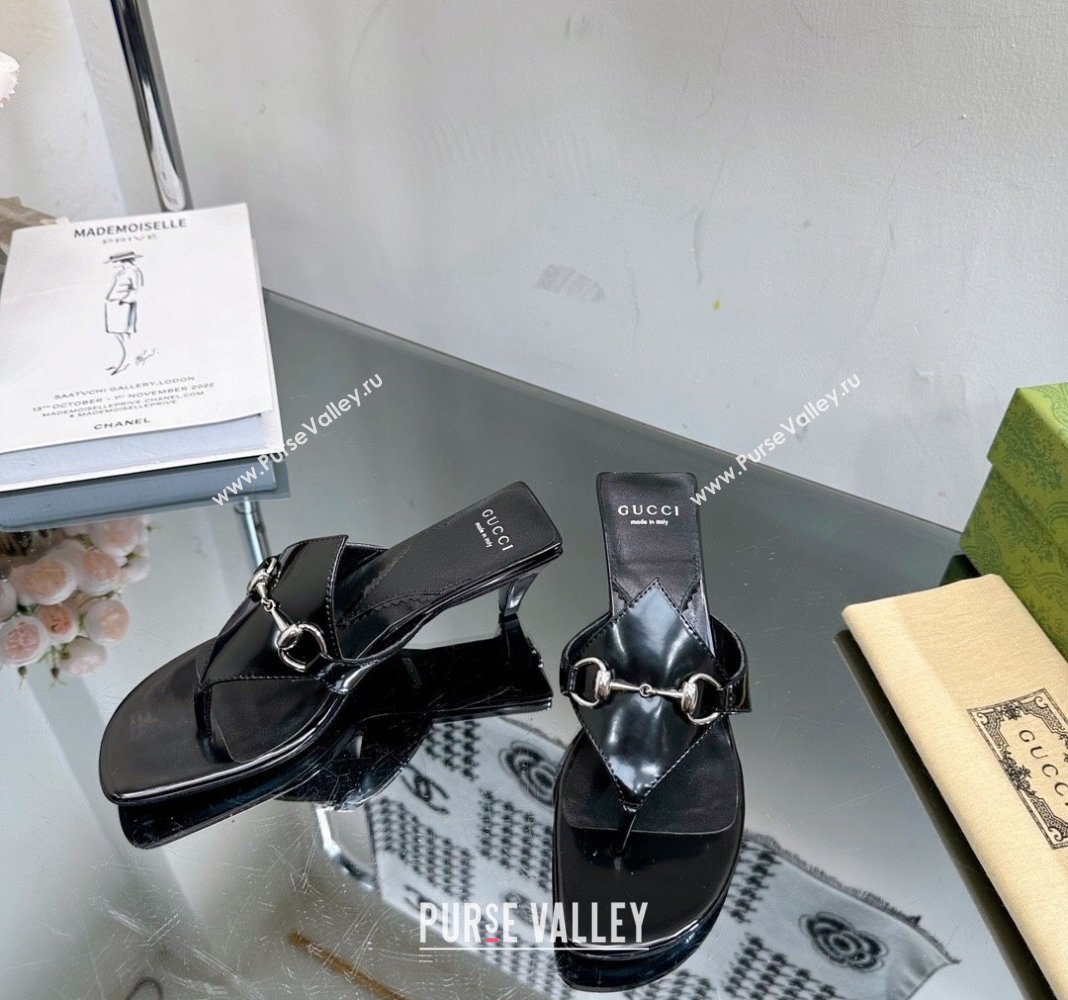 Gucci Horsebit Heel Thong Slide Sandals 4.5cm in Shiny Leather Black 2024 (MD-240127052)