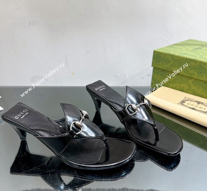 Gucci Horsebit Heel Thong Slide Sandals 4.5cm in Shiny Leather Black 2024 (MD-240127052)