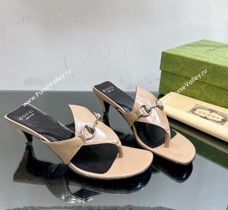 Gucci Horsebit Heel Thong Slide Sandals 4.5cm in Shiny Leather Nude 2024 (MD-240127053)