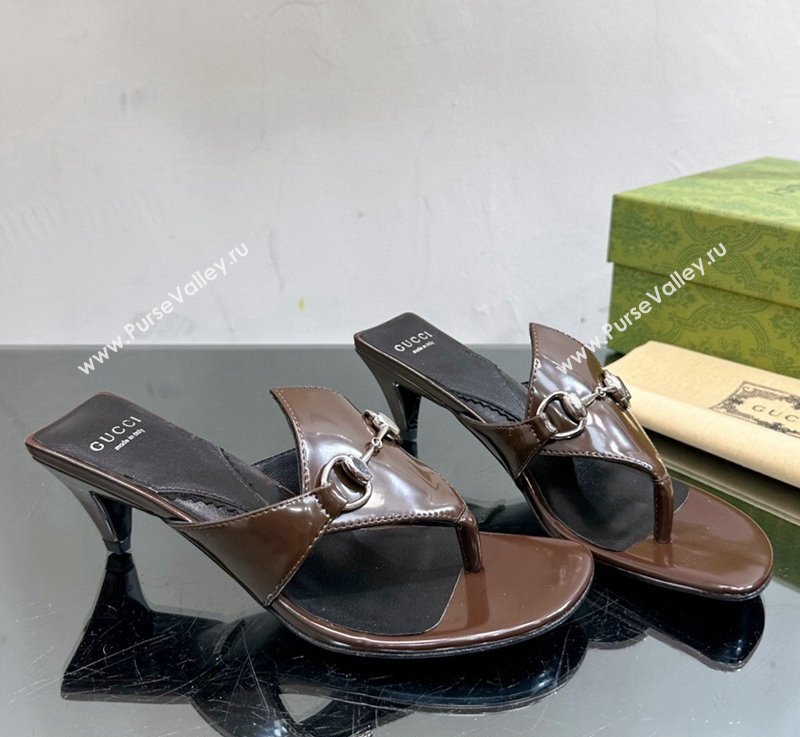 Gucci Horsebit Heel Thong Slide Sandals 4.5cm in Shiny Leather Brown 2024 (MD-240127054)