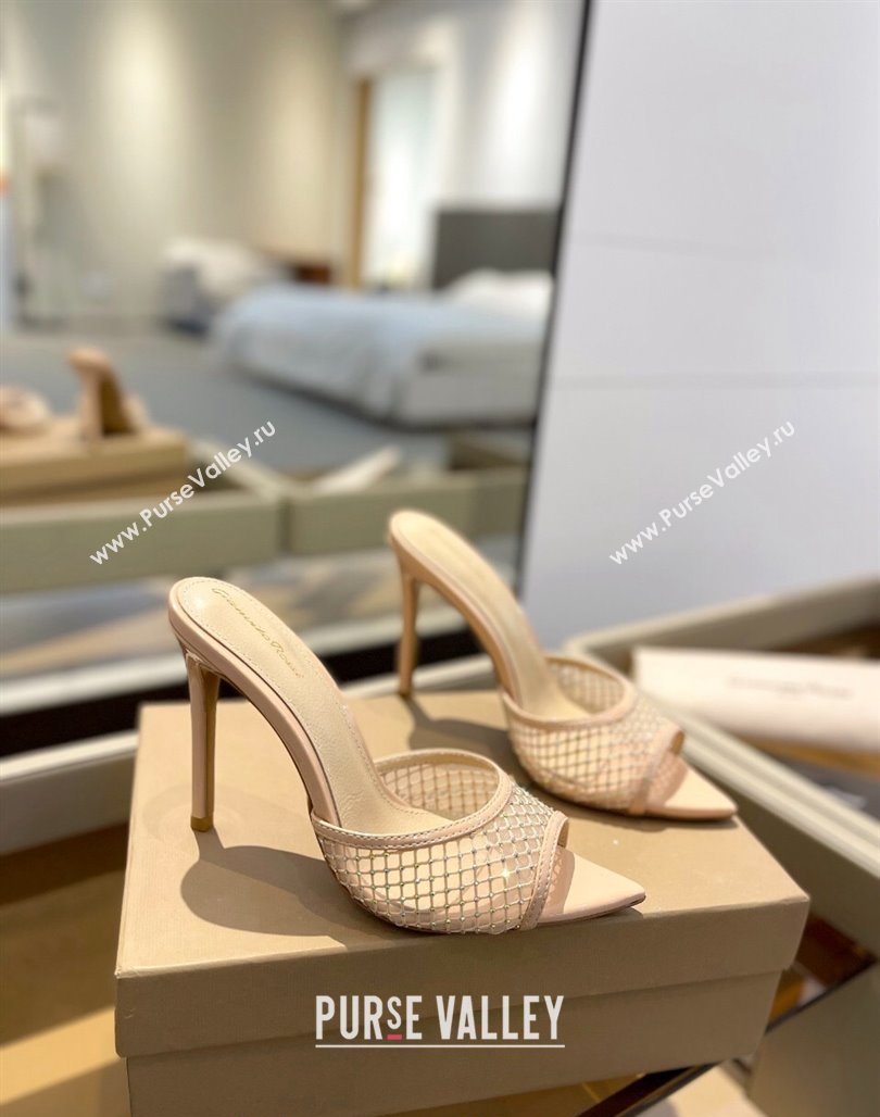 Gianvito Rossi Mesh Heel Slide Sandals 10.5cm with Crystals Nude 2024 0123 (MD-240123123)