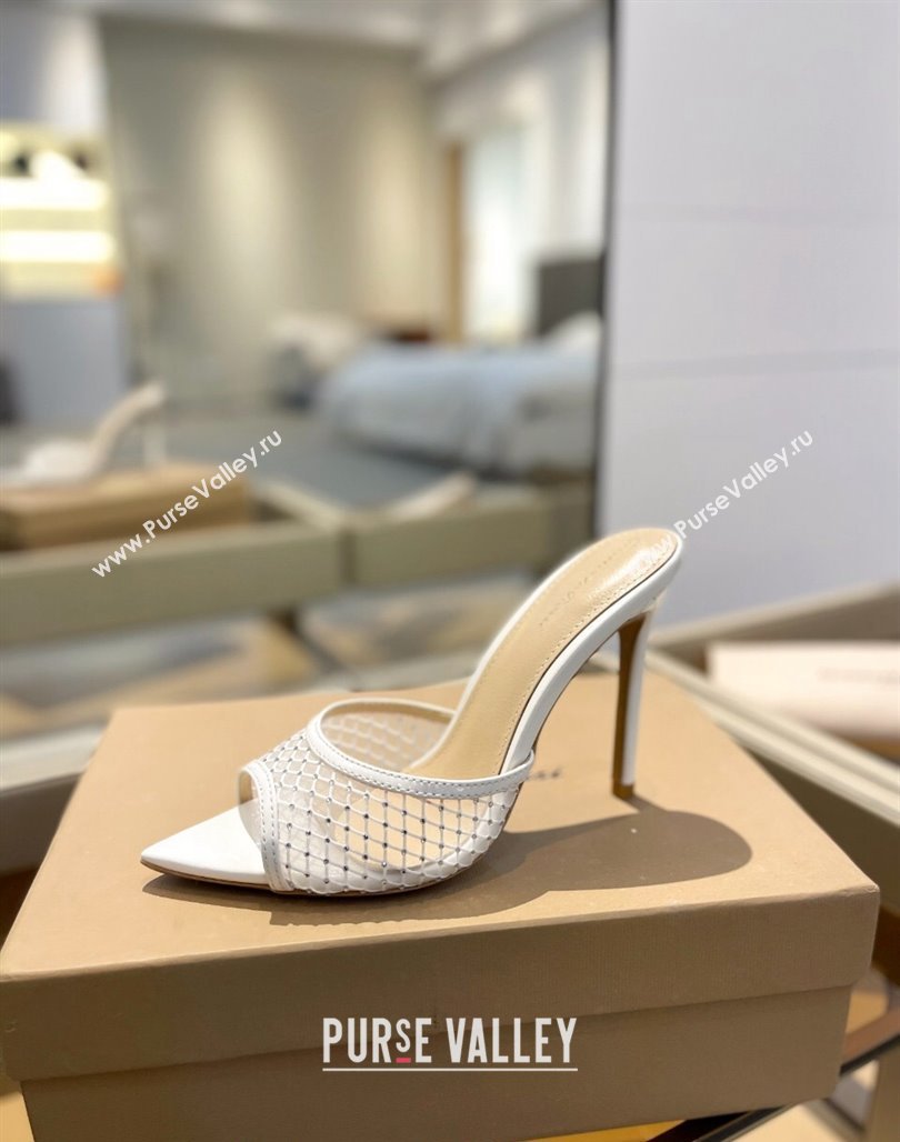 Gianvito Rossi Mesh Heel Slide Sandals 10.5cm with Crystals White 2024 0123 (MD-240123124)