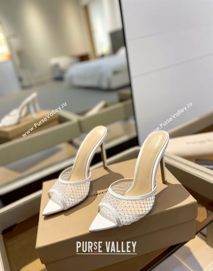 Gianvito Rossi Mesh Heel Slide Sandals 10.5cm with Crystals White 2024 0123 (MD-240123124)