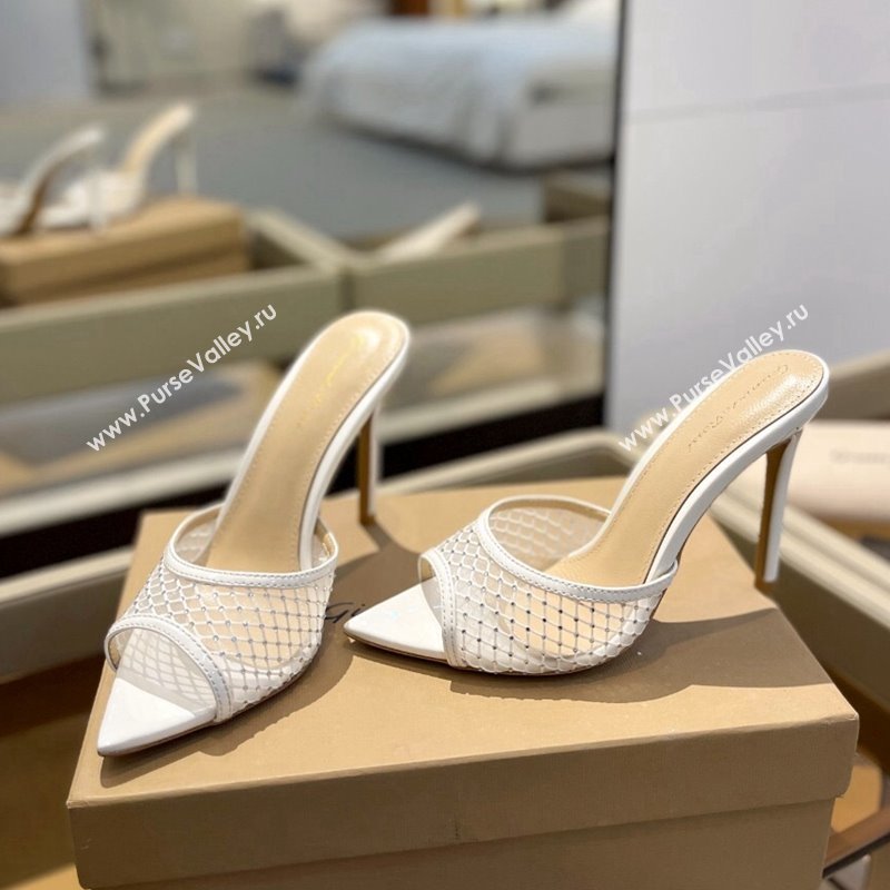 Gianvito Rossi Mesh Heel Slide Sandals 10.5cm with Crystals White 2024 0123 (MD-240123124)