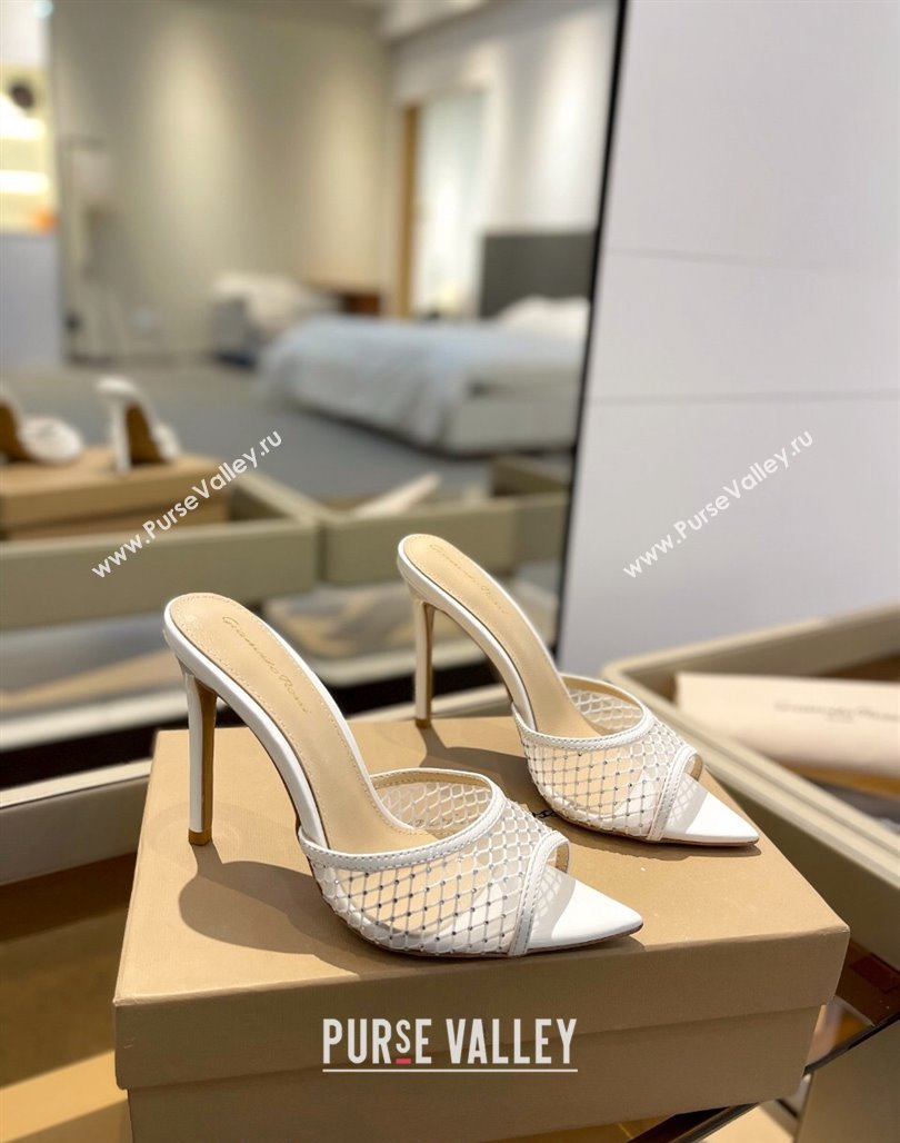 Gianvito Rossi Mesh Heel Slide Sandals 10.5cm with Crystals White 2024 0123 (MD-240123124)