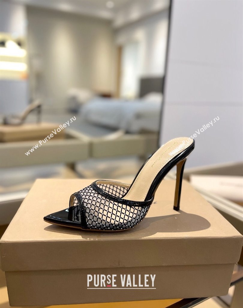 Gianvito Rossi Mesh Heel Slide Sandals 10.5cm with Crystals Black 2024 0123 (MD-240123125)