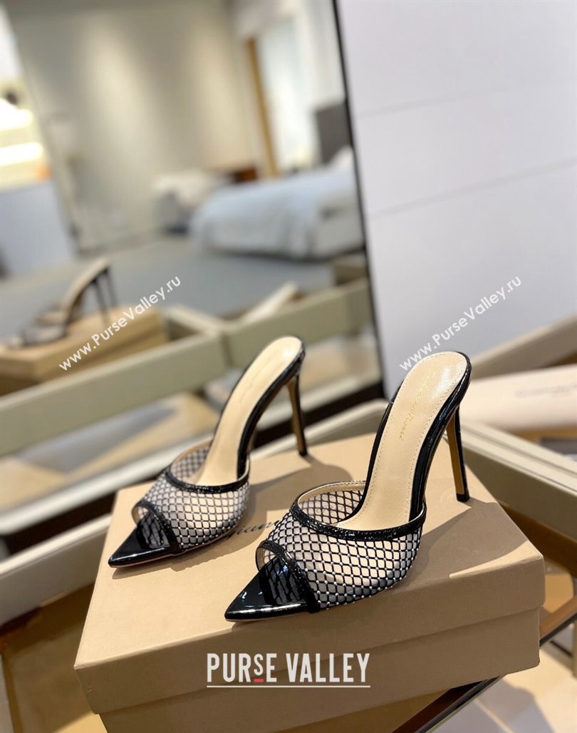 Gianvito Rossi Mesh Heel Slide Sandals 10.5cm with Crystals Black 2024 0123 (MD-240123125)