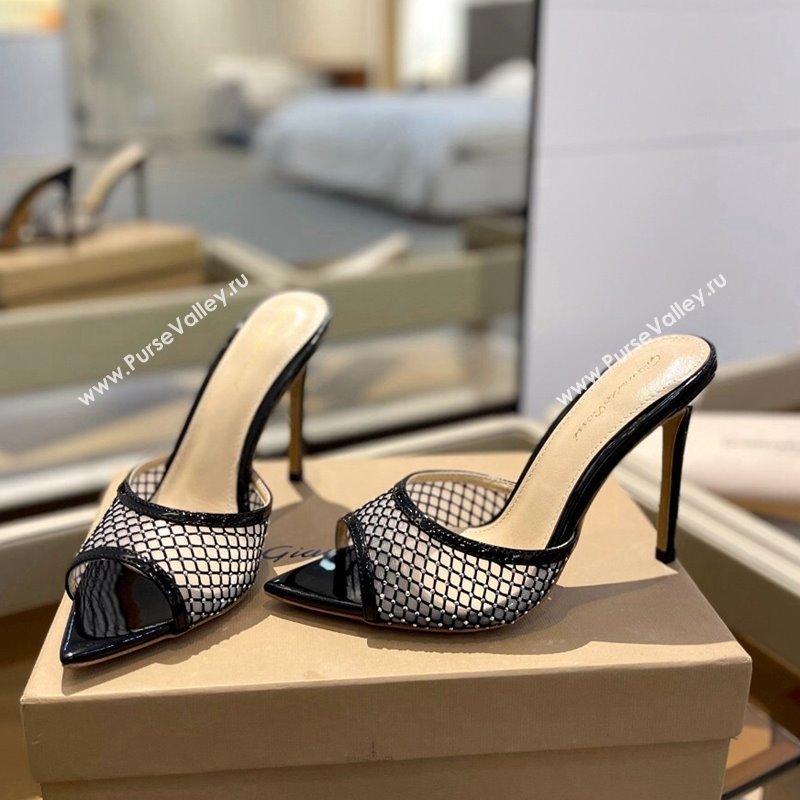 Gianvito Rossi Mesh Heel Slide Sandals 10.5cm with Crystals Black 2024 0123 (MD-240123125)