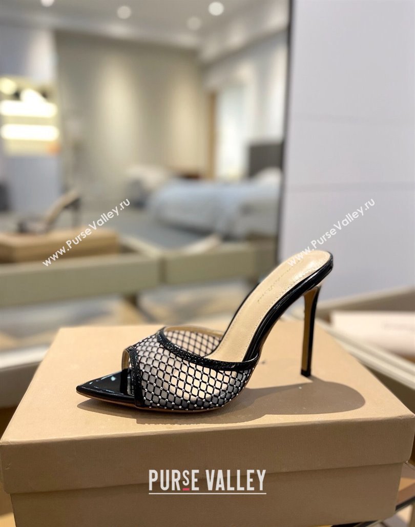 Gianvito Rossi Mesh Heel Slide Sandals 10.5cm with Crystals Black 2024 0123 (MD-240123125)