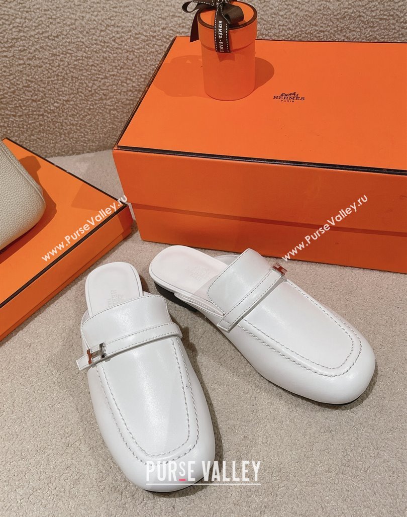 Hermes Groupie Flat Mules in Calfskin with H Buckle White 2024 (MD-240123094)