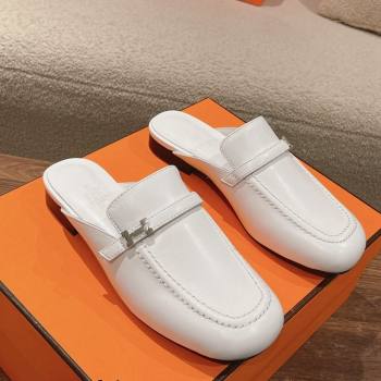 Hermes Groupie Flat Mules in Calfskin with H Buckle White 2024 (MD-240123094)