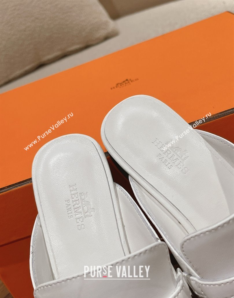 Hermes Groupie Flat Mules in Calfskin with H Buckle White 2024 (MD-240123094)