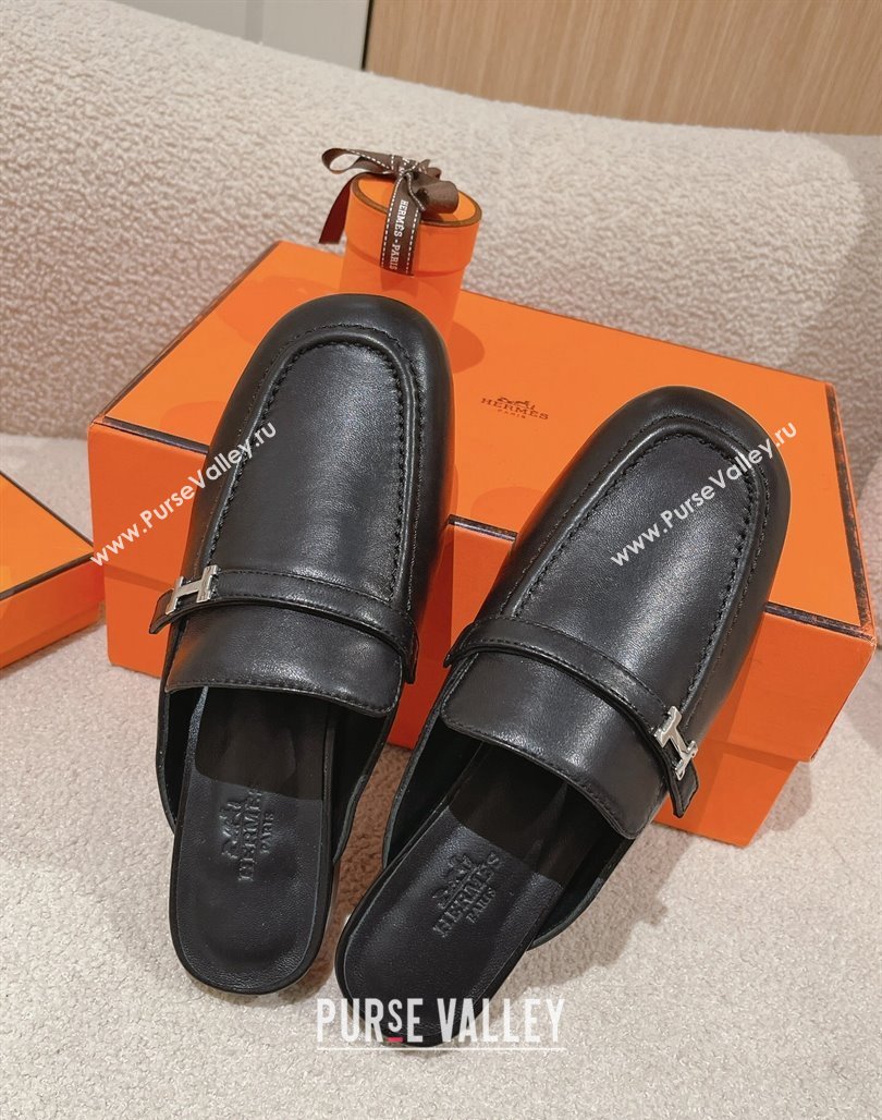 Hermes Groupie Flat Mules in Calfskin with H Buckle Black 2024 (MD-240123095)