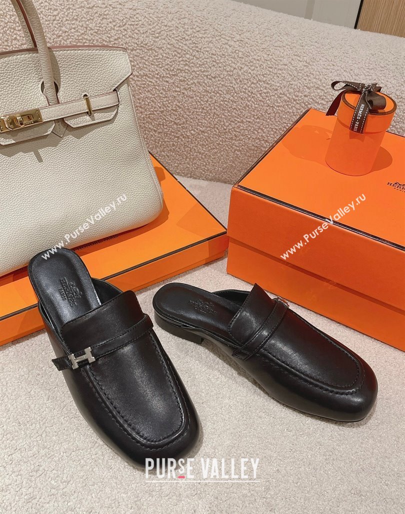 Hermes Groupie Flat Mules in Calfskin with H Buckle Black 2024 (MD-240123095)