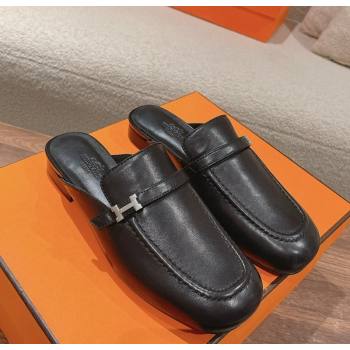 Hermes Groupie Flat Mules in Calfskin with H Buckle Black 2024 (MD-240123095)