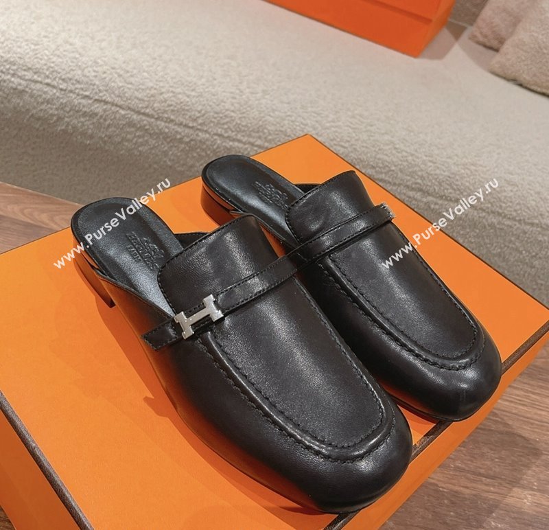 Hermes Groupie Flat Mules in Calfskin with H Buckle Black 2024 (MD-240123095)