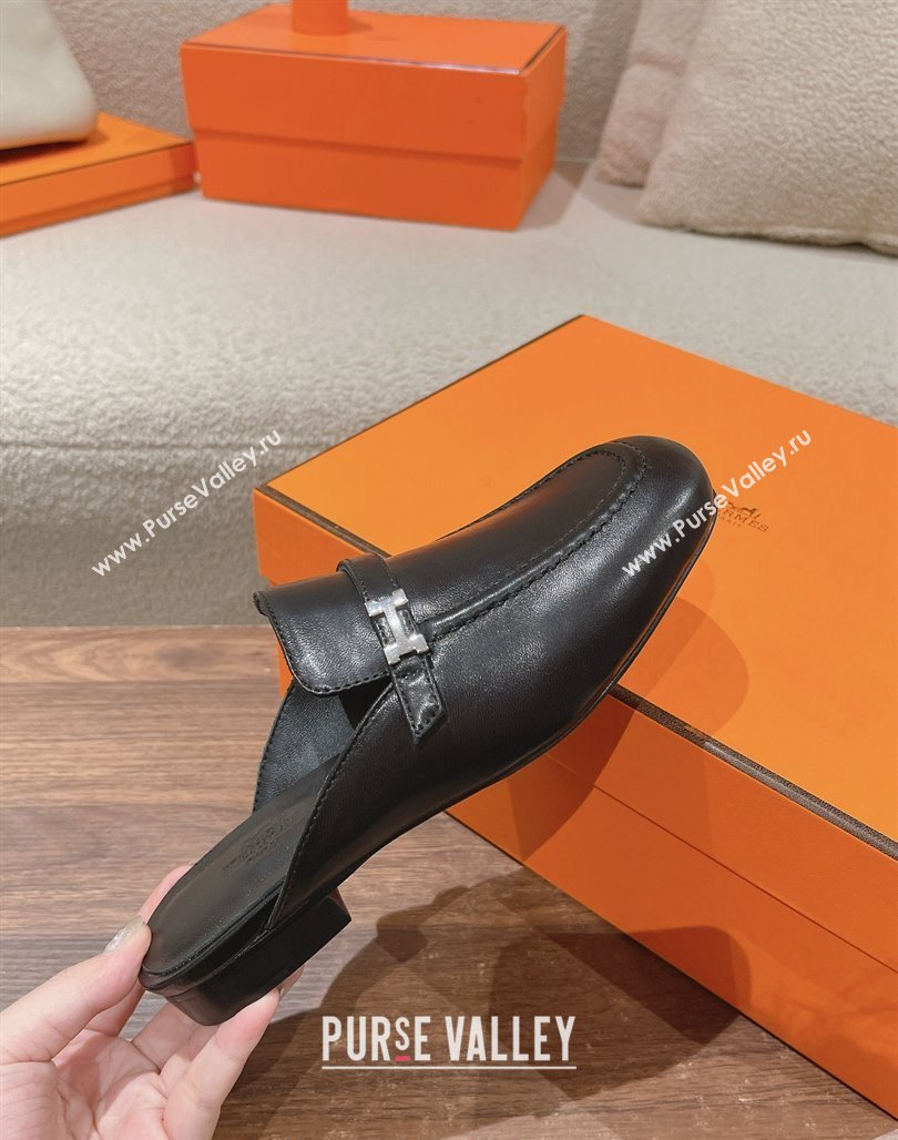 Hermes Groupie Flat Mules in Calfskin with H Buckle Black 2024 (MD-240123095)