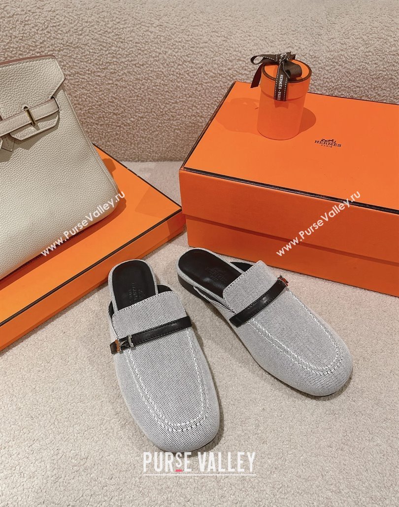 Hermes Groupie Flat Mules in Canvas with H Buckle White/Black 2024 (MD-240123097)