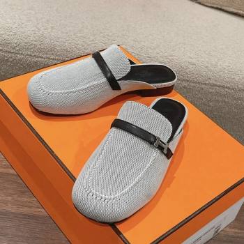 Hermes Groupie Flat Mules in Canvas with H Buckle White/Black 2024 (MD-240123097)