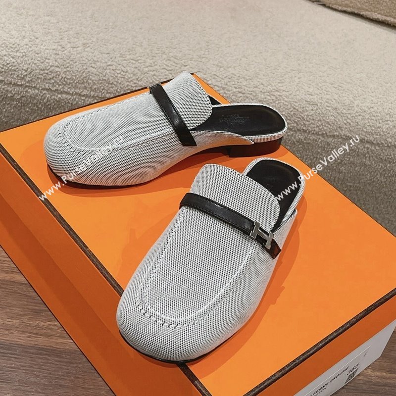 Hermes Groupie Flat Mules in Canvas with H Buckle White/Black 2024 (MD-240123097)