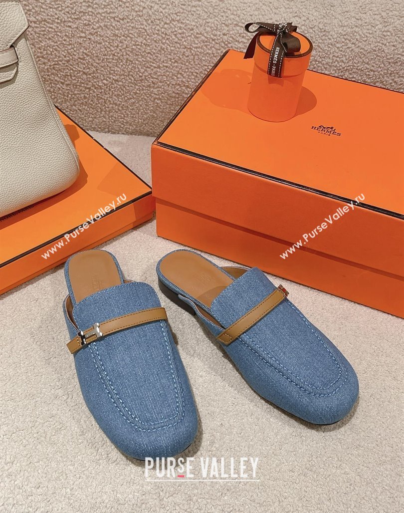 Hermes Groupie Flat Mules in Denim with H Buckle Blue 2024 (MD-240123096)