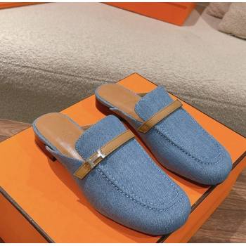 Hermes Groupie Flat Mules in Denim with H Buckle Blue 2024 (MD-240123096)