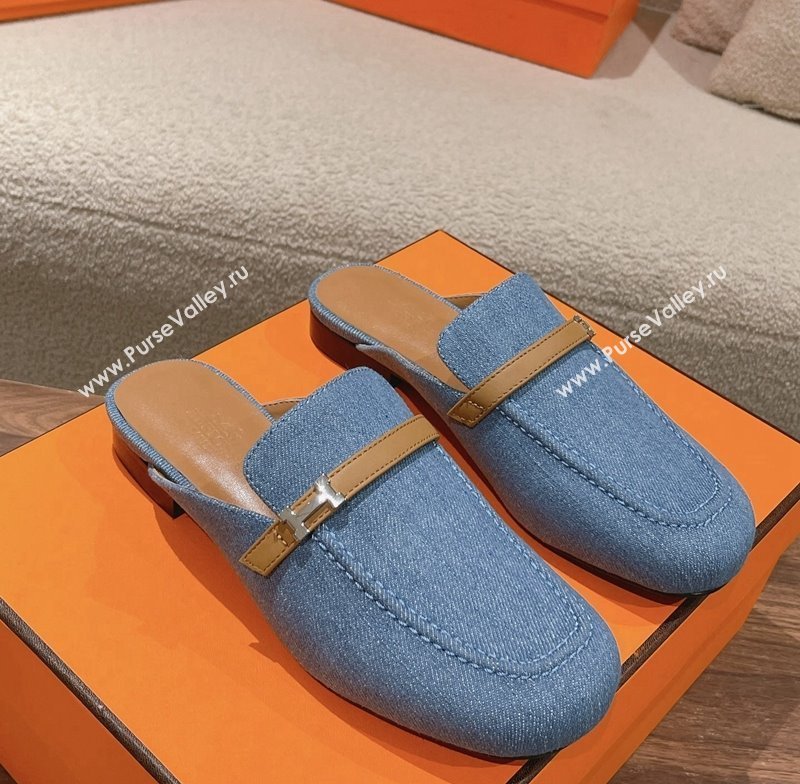 Hermes Groupie Flat Mules in Denim with H Buckle Blue 2024 (MD-240123096)