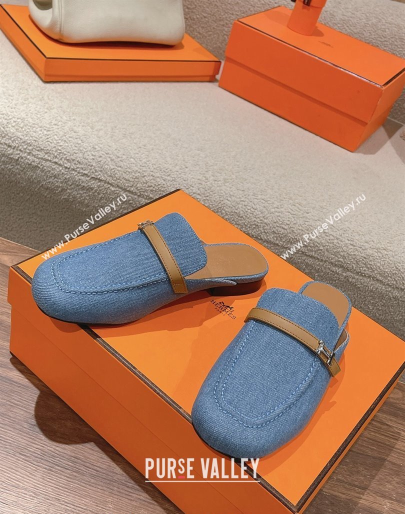 Hermes Groupie Flat Mules in Denim with H Buckle Blue 2024 (MD-240123096)