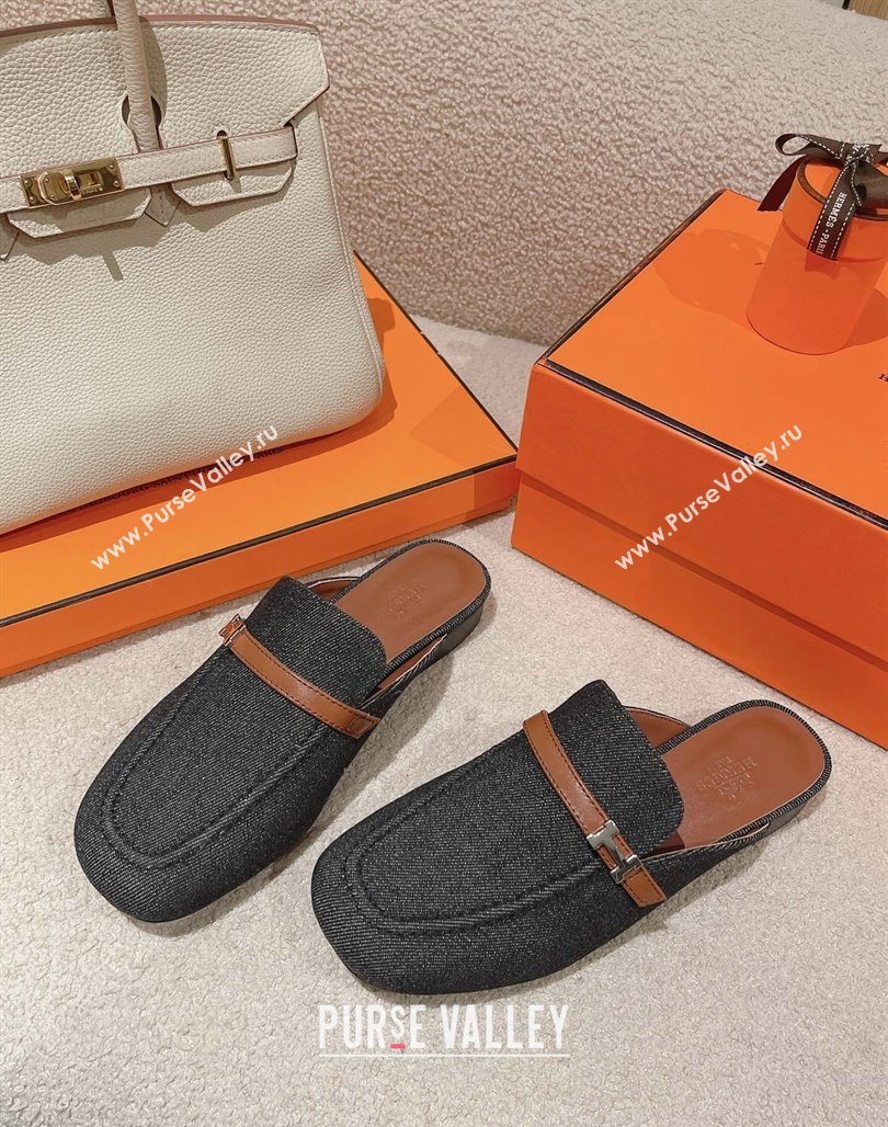 Hermes Groupie Flat Mules in Denim with H Buckle Black 2024 (MD-240123098)