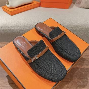 Hermes Groupie Flat Mules in Denim with H Buckle Black 2024 (MD-240123098)