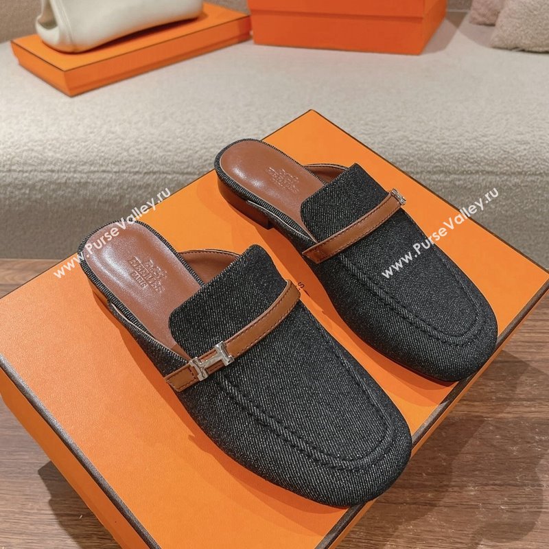 Hermes Groupie Flat Mules in Denim with H Buckle Black 2024 (MD-240123098)