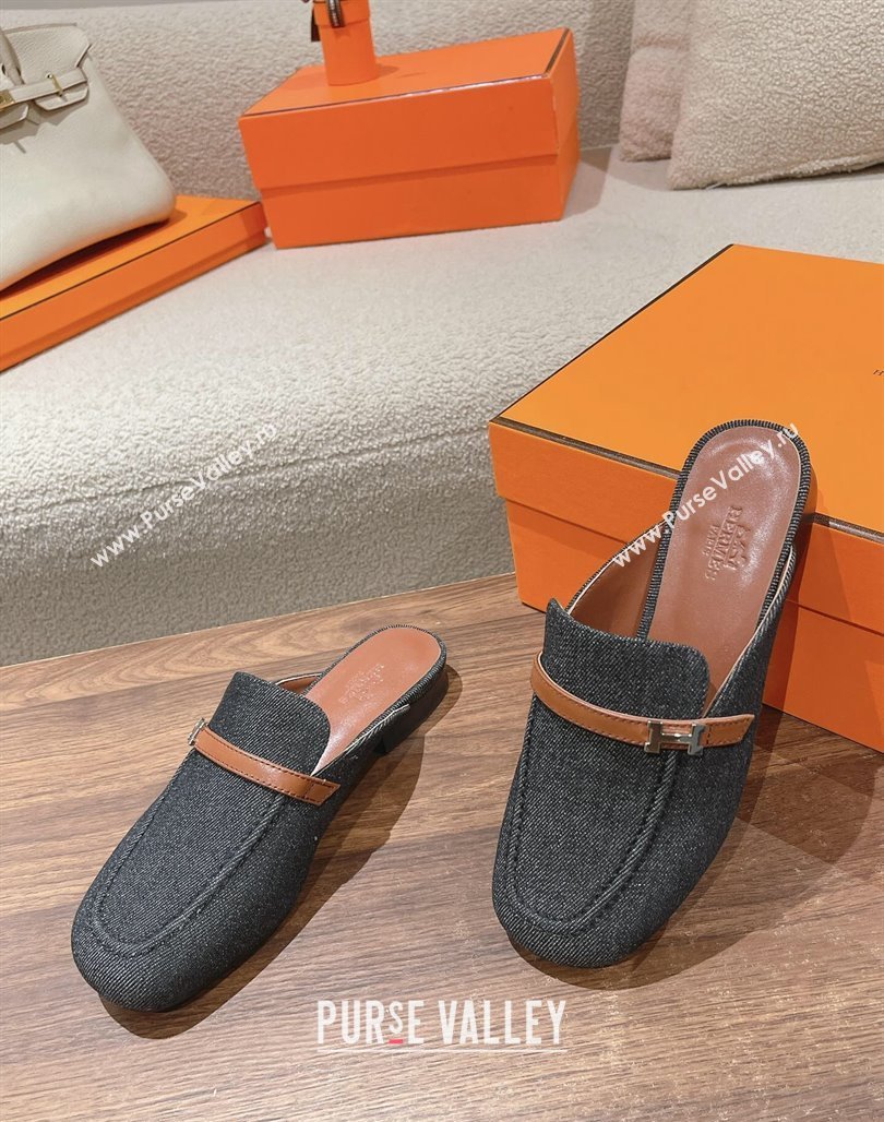 Hermes Groupie Flat Mules in Denim with H Buckle Black 2024 (MD-240123098)