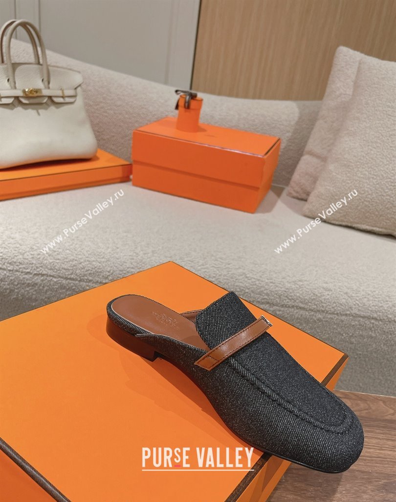 Hermes Groupie Flat Mules in Denim with H Buckle Black 2024 (MD-240123098)