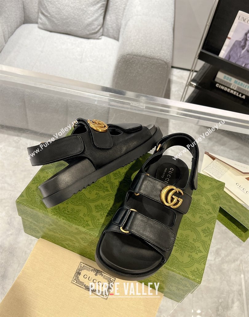 Gucci Double G Black Leather Flat Sandals 2024 771575 (MD-240127041)