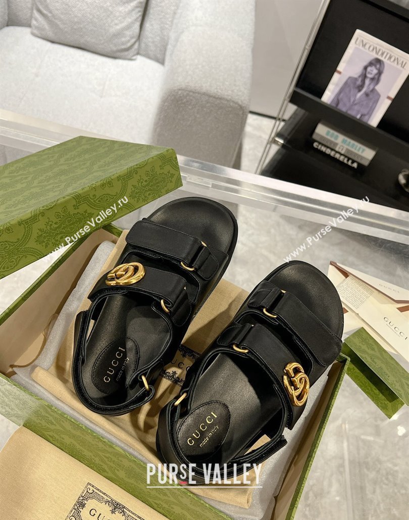 Gucci Double G Black Leather Flat Sandals 2024 771575 (MD-240127041)