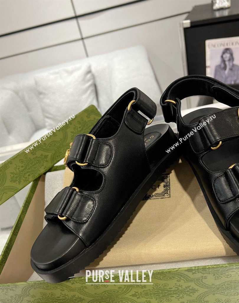 Gucci Double G Black Leather Flat Sandals 2024 771575 (MD-240127041)