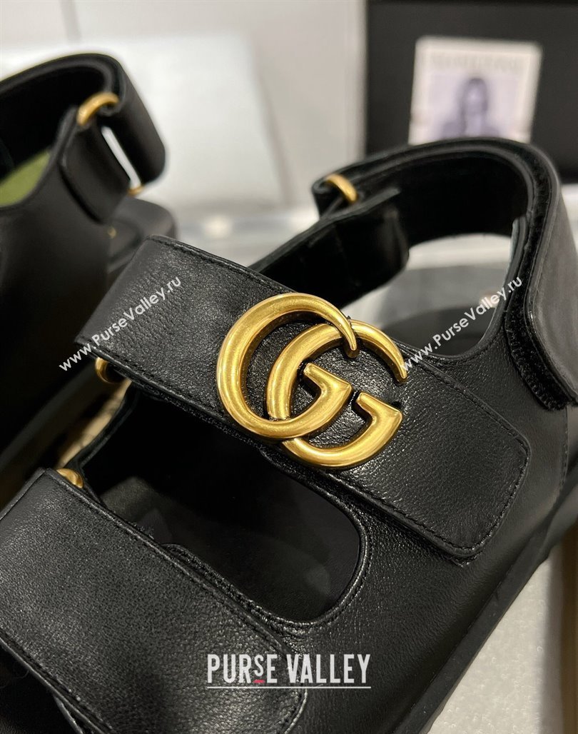 Gucci Double G Black Leather Flat Sandals 2024 771575 (MD-240127041)