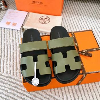 Hermes Chypre Flat Sandals in Smooth Calfskin Green 2024 0123 (MD-240123102)